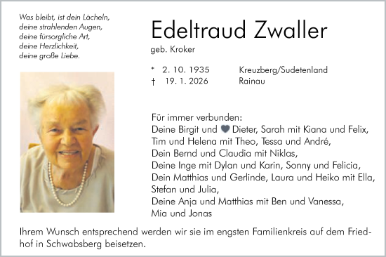 Traueranzeige von Edeltraud Zwaller von Schwäbische Post