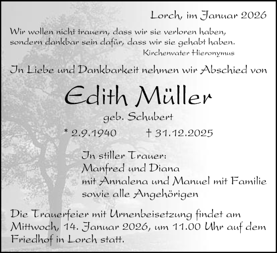 Traueranzeige von Edith Müller von Gmünder Tagespost