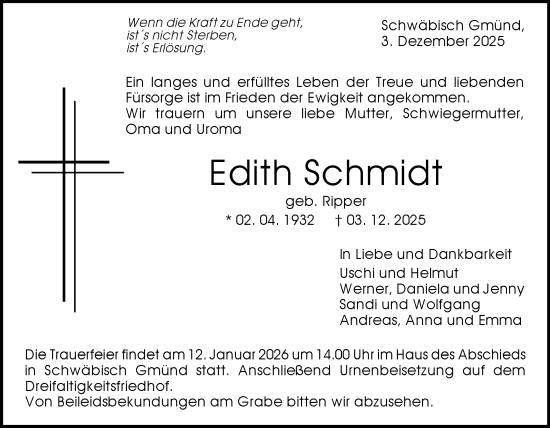 Traueranzeige von Edith Schmidt von Gmünder Tagespost