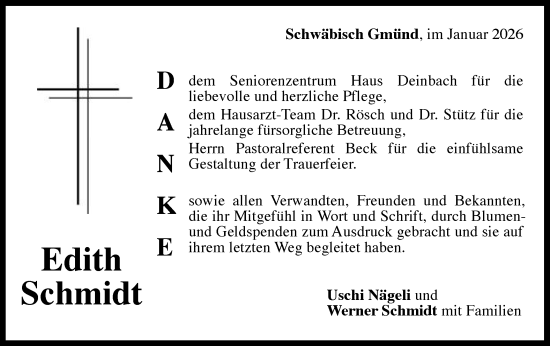 Traueranzeige von Edith Schmidt von Gmünder Tagespost