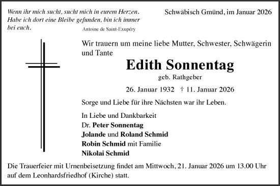 Traueranzeige von Edith Sonnentag von Gmünder Tagespost