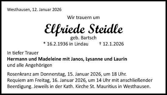 Traueranzeige von Elfriede Steidle von Schwäbische Post
