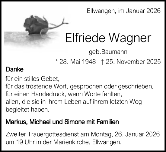 Traueranzeige von Elfriede Wagner von Schwäbische Post