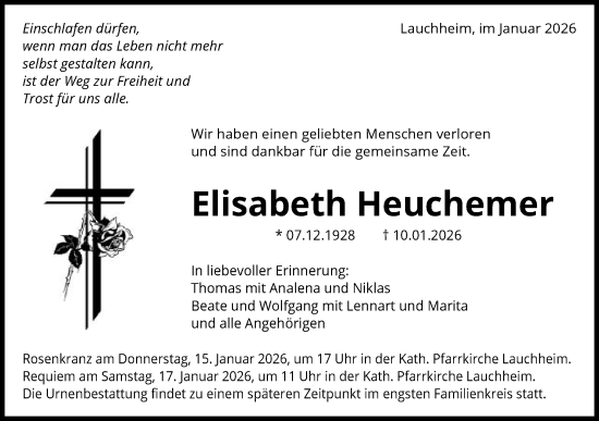 Traueranzeige von Elisabeth Heuchemer von Schwäbische Post