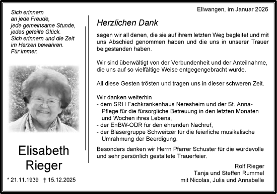 Traueranzeige von Elisabeth Rieger von Schwäbische Post