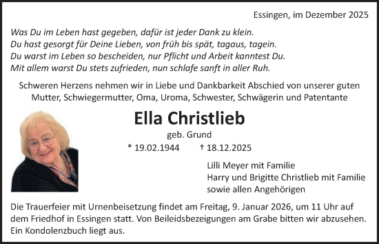 Traueranzeige von Ella Christlieb von Schwäbische Post