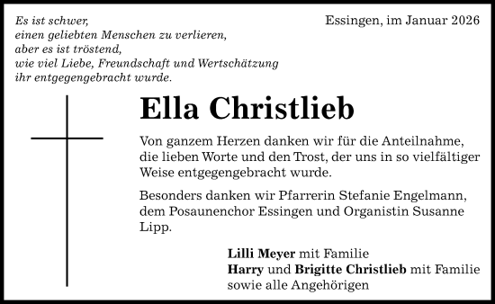 Traueranzeige von Ella Christlieb von Schwäbische Post