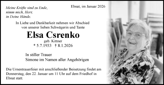 Traueranzeige von Elsa Csrenko von Schwäbische Post