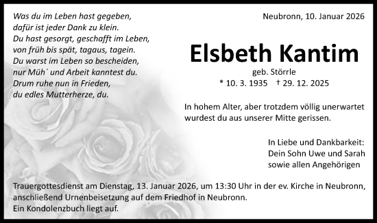 Traueranzeige von Elsbeth Kantim von Schwäbische Post
