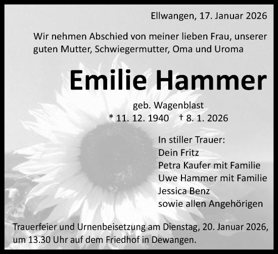 Traueranzeige von Emilie Hammer von Schwäbische Post