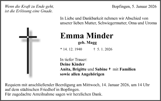 Traueranzeige von Emma Minder von Schwäbische Post