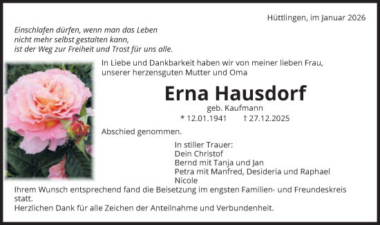 Traueranzeige von Erna Hausdorff von Schwäbische Post