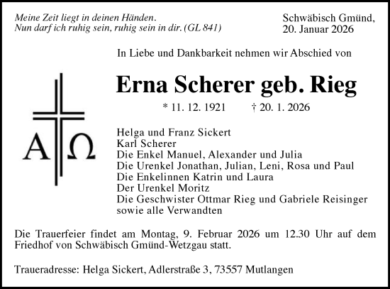 Traueranzeige von Erna Scherer von Gmünder Tagespost