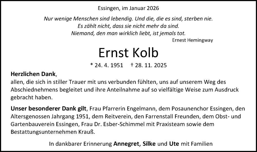  Traueranzeige für Ernst Kolb vom 10.01.2026 aus Schwäbische Post