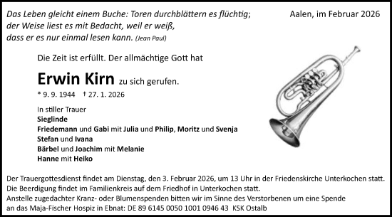 Traueranzeige von Erwin Kirn von Schwäbische Post