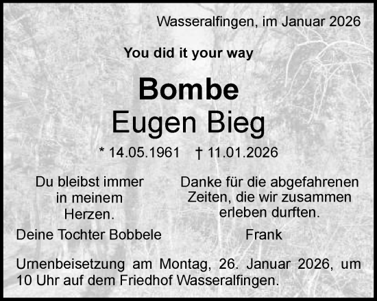 Traueranzeige von Eugen Bieg von Schwäbische Post