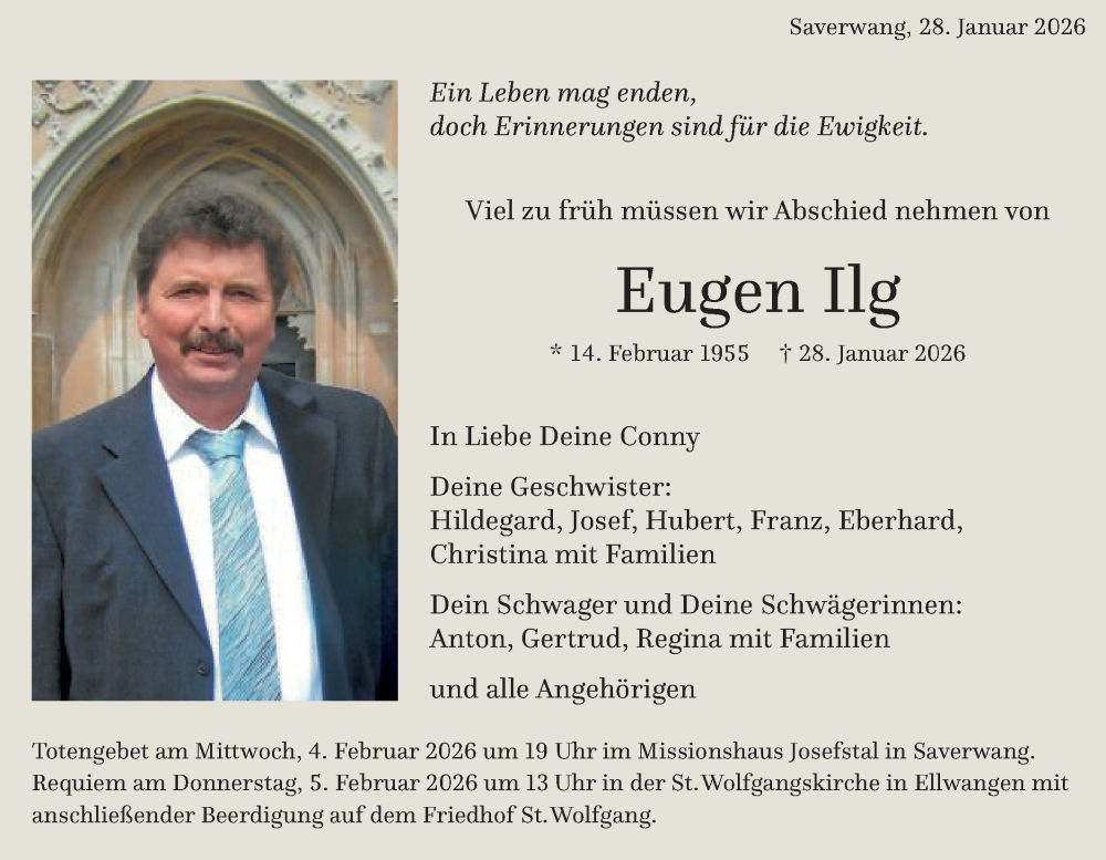  Traueranzeige für Eugen Ilg vom 31.01.2026 aus Schwäbische Post
