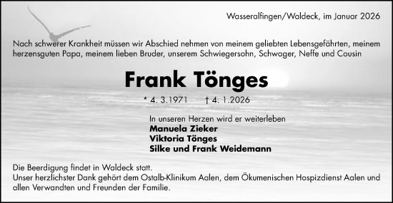 Traueranzeige von Frank Tönges von Schwäbische Post