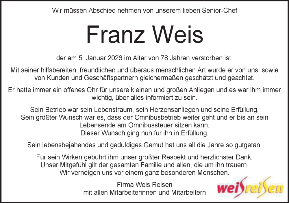  Traueranzeige für Franz Weis vom 08.01.2026 aus Schwäbische Post