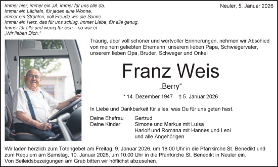Traueranzeige von Franz Weis von Schwäbische Post