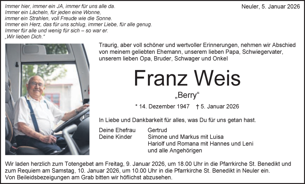  Traueranzeige für Franz Weis vom 08.01.2026 aus Schwäbische Post