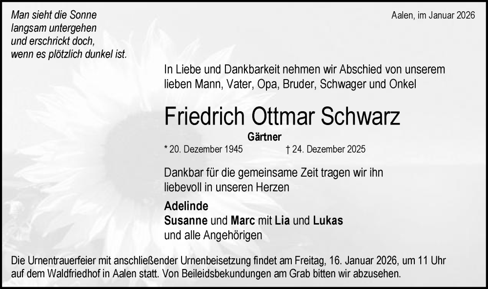  Traueranzeige für Friedrich Ottmar Schwarz vom 13.01.2026 aus Schwäbische Post