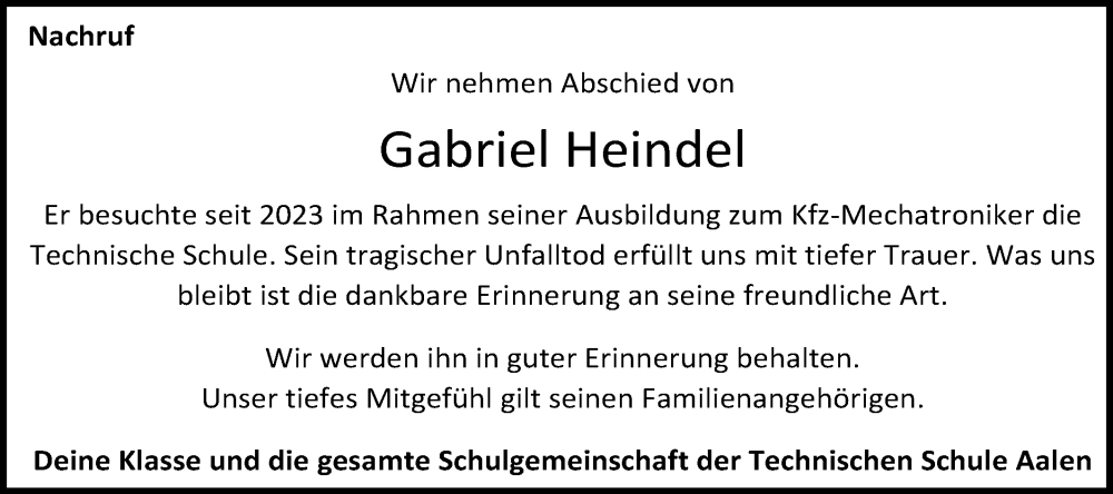  Traueranzeige für Gabriel Heindel vom 28.01.2026 aus Schwäbische Post
