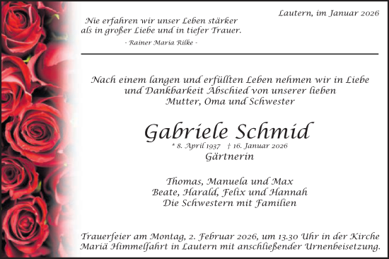 Traueranzeige von Gabriele Schmid von Schwäbische Post
