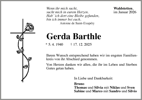 Traueranzeige von Gerda Barthle von Gmünder Tagespost