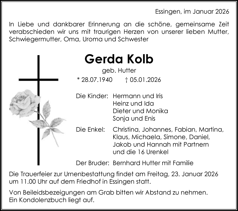  Traueranzeige für Gerda Kolb vom 19.01.2026 aus Schwäbische Post