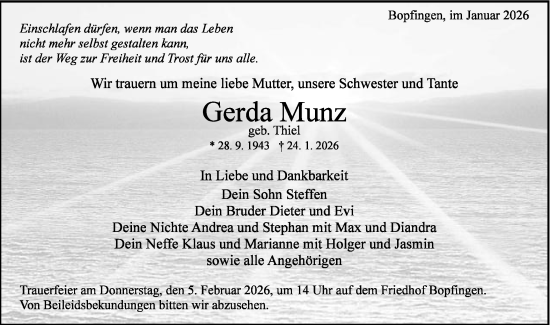 Traueranzeige von Gerda Munz von Schwäbische Post