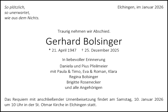 Traueranzeige von Gerhard Bolsinger von Schwäbische Post