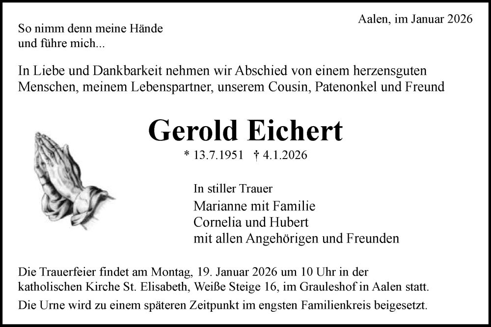 Traueranzeige für Gerold Eichert vom 16.01.2026 aus Schwäbische Post