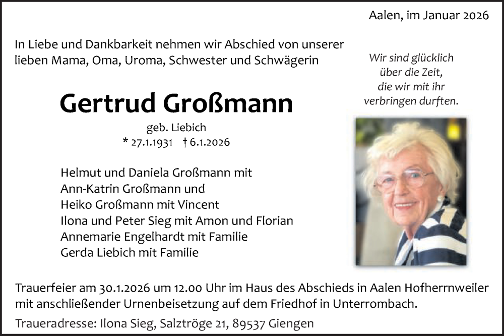  Traueranzeige für Gertrud Großmann vom 24.01.2026 aus Schwäbische Post