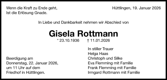 Traueranzeige von Gisela Rottmann von Schwäbische Post