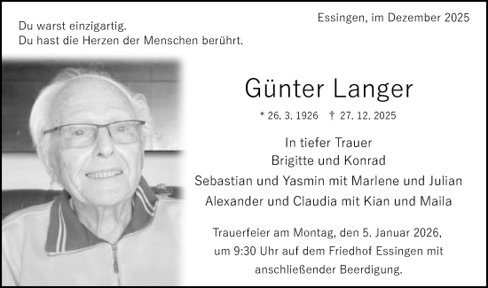 Traueranzeige von Günter Langer von Schwäbische Post