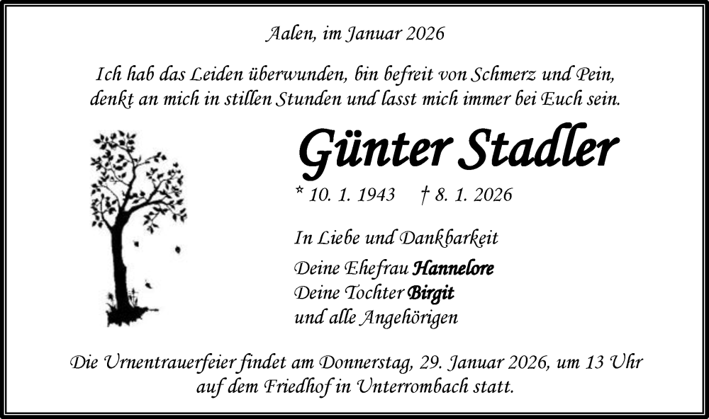  Traueranzeige für Günter Stadler vom 24.01.2026 aus Schwäbische Post