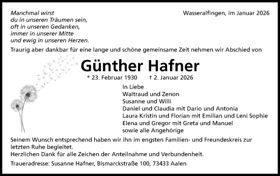 Traueranzeige von Günther Hafner von Schwäbische Post