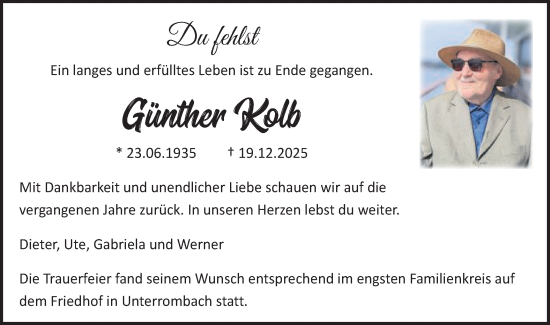 Traueranzeige von Günther Kolb von Schwäbische Post