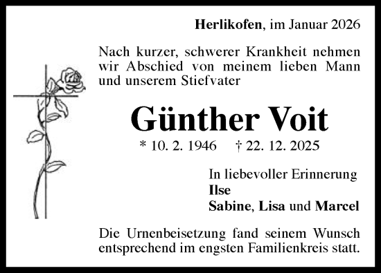 Traueranzeige von Günther Voit von Gmünder Tagespost