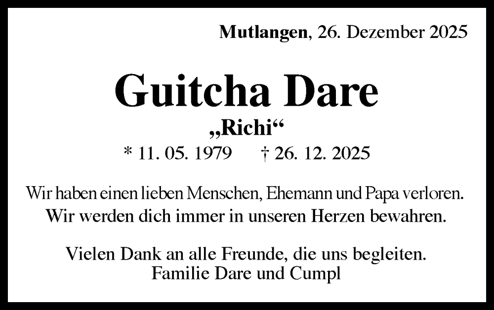  Traueranzeige für Guitcha Dare vom 03.01.2026 aus Gmünder Tagespost