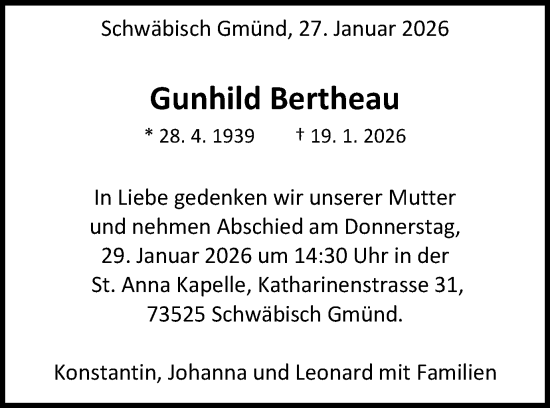 Traueranzeige von Gunhild Bertheau von Gmünder Tagespost