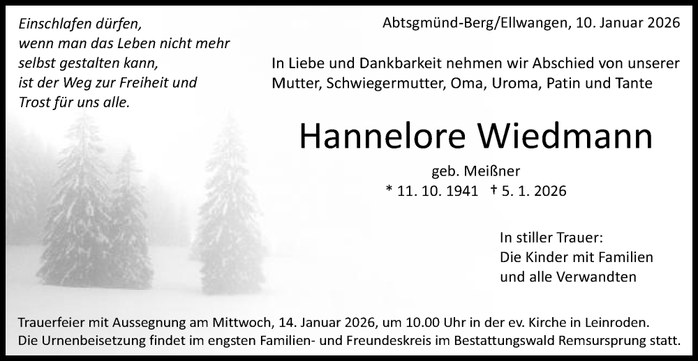  Traueranzeige für Hannelore Wiedmann vom 10.01.2026 aus Schwäbische Post