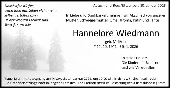 Traueranzeige von Hannelore Wiedmann von Schwäbische Post