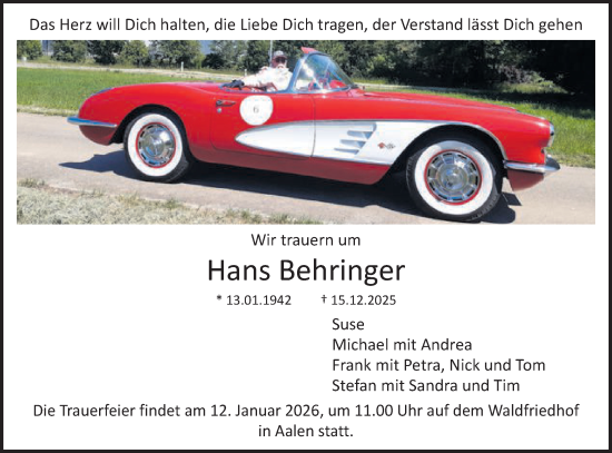 Traueranzeige von Hans Behringer von Schwäbische Post