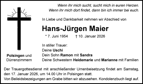 Traueranzeige von Hans-Jürgen Maier von Schwäbische Post