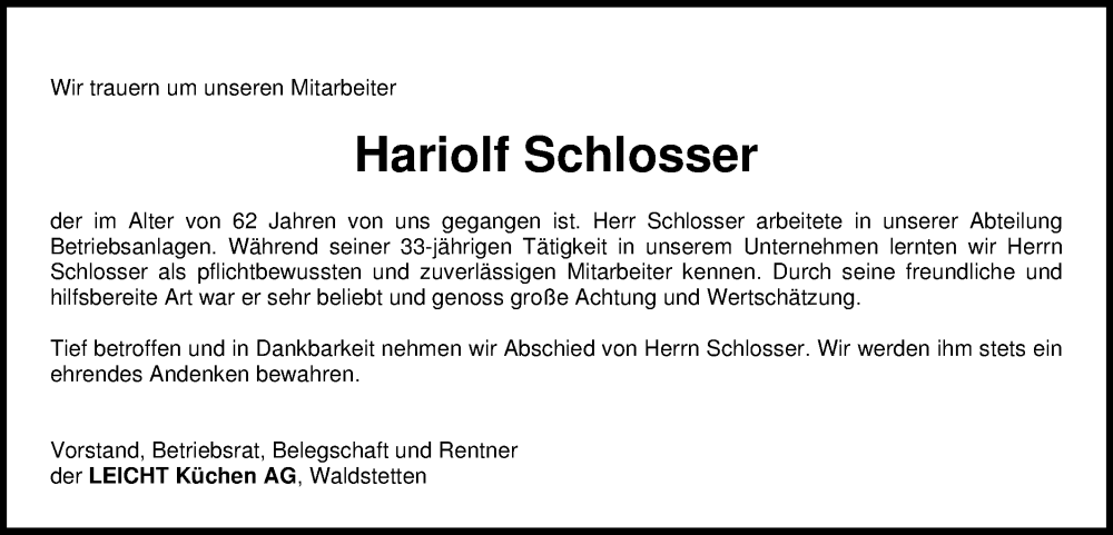  Traueranzeige für Hariolf Schlosser vom 17.01.2026 aus Gmünder Tagespost