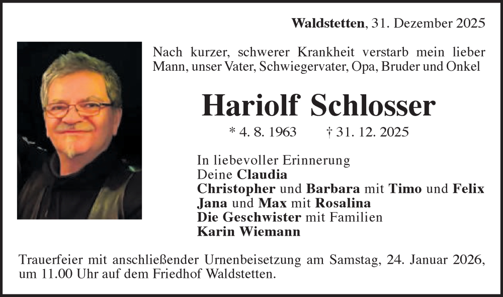  Traueranzeige für Hariolf Schlosser vom 17.01.2026 aus Gmünder Tagespost