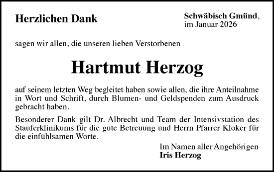 Traueranzeige von Hartmut Herzog von Gmünder Tagespost