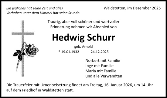 Traueranzeige von Hedwig Schurr von Gmünder Tagespost